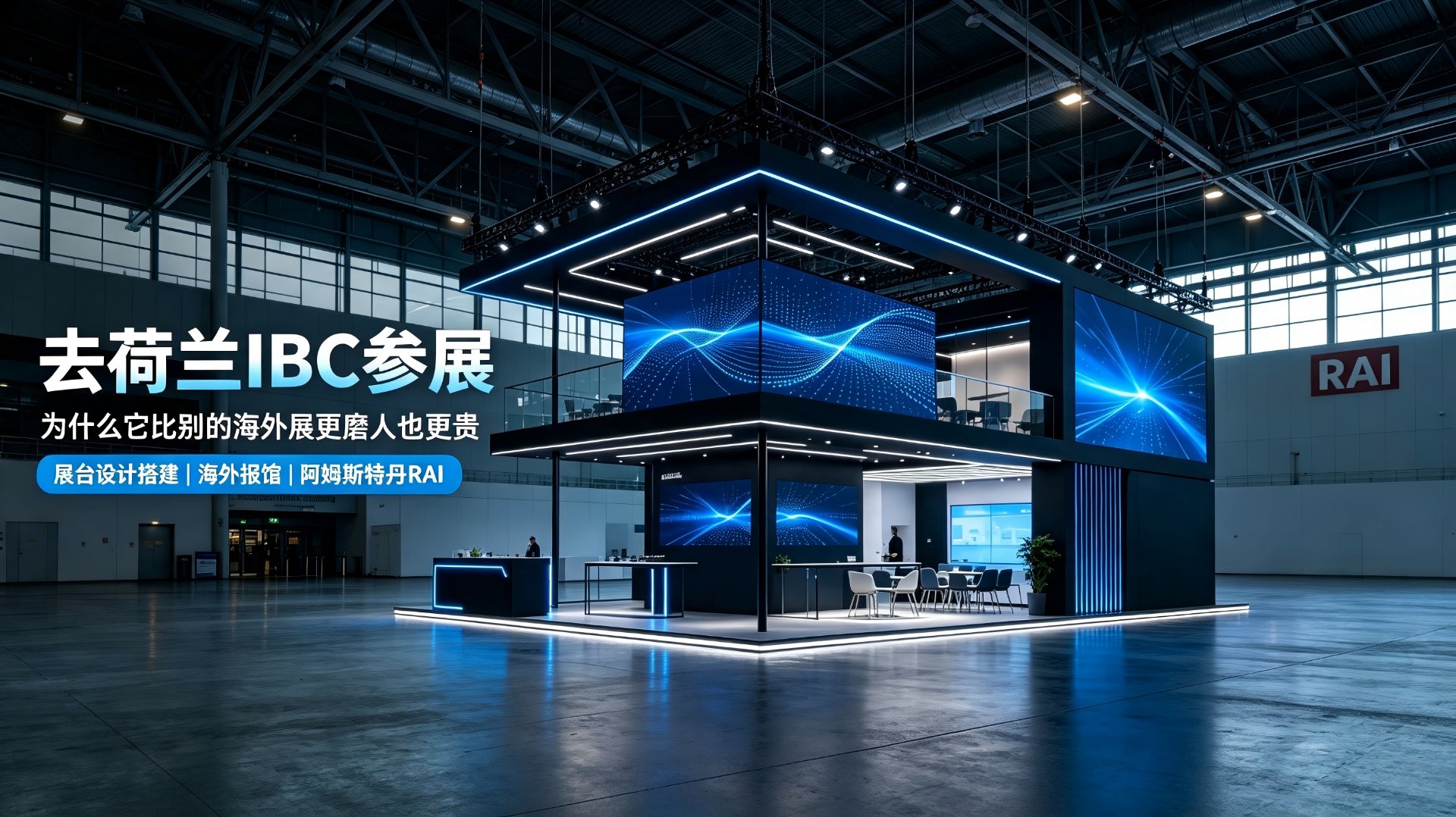 阿姆斯特丹 RAI · IBC 国际广播展现场的双层展台与 LED 矩阵光