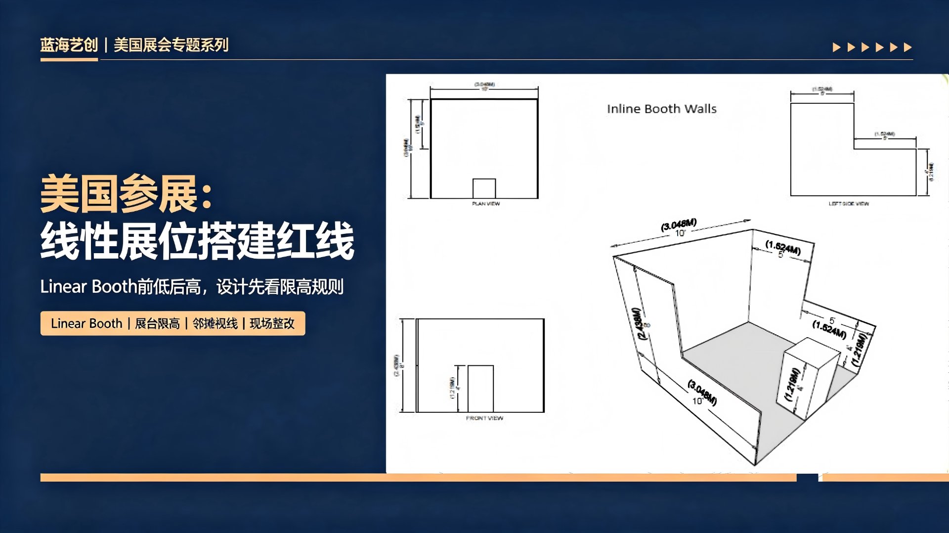 美国参展线性展位红线：Inline Booth 前低后高限高规则与尺寸分区